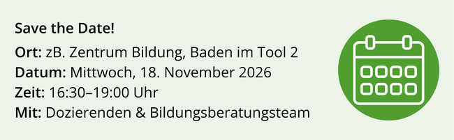 zB. News Info-Apéro Save the Date